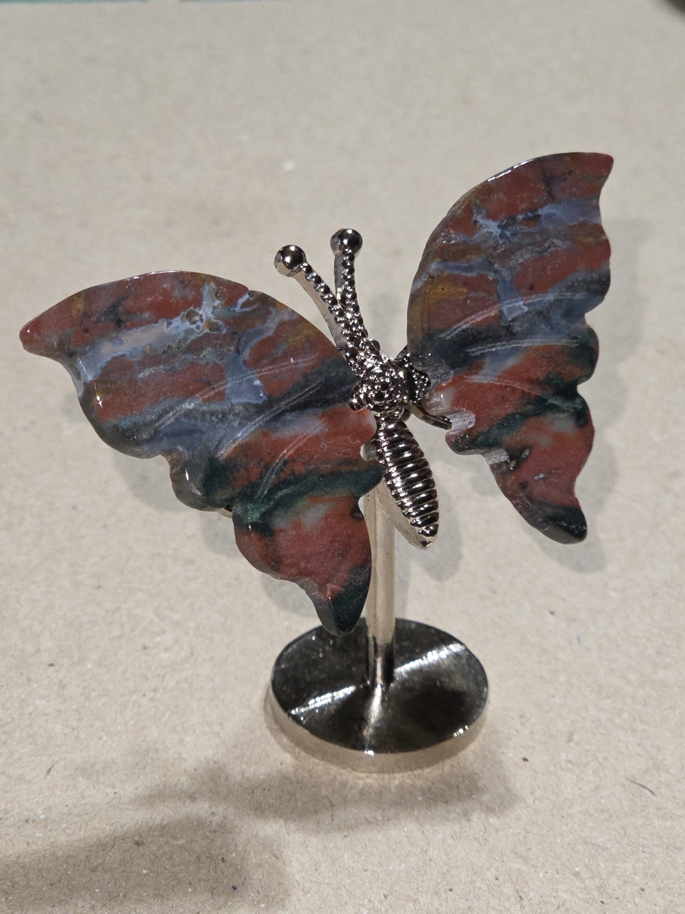 Mexican Agate Crystal Butterfly Wings On Metal Body Stand Decor